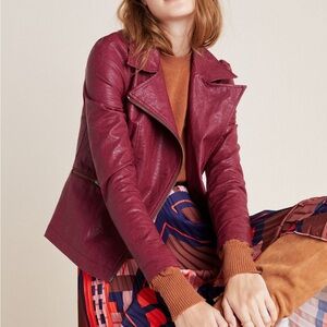 Anthropologie Petula Puffed Sleeve Moto Jacket Faux Leather Wine Red Women’s 1X